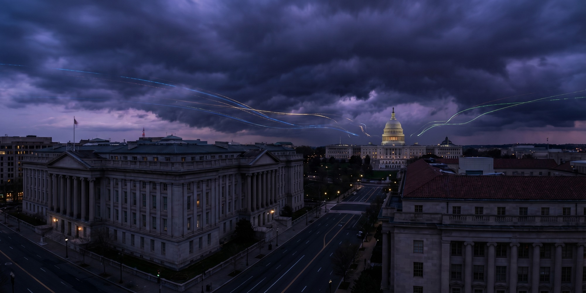 U.S. Capitol and Treasury buildings in moody evening light, representing deficit oversight and federal debt financing pressure