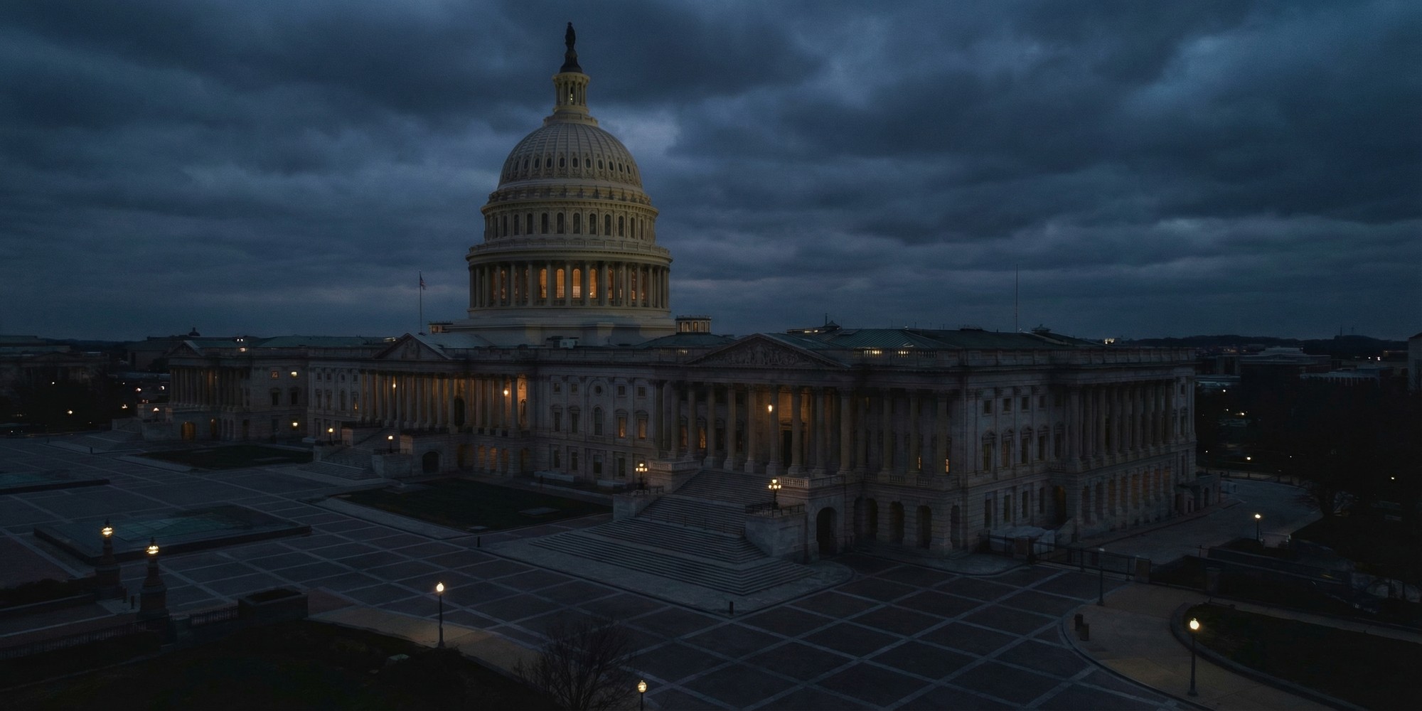 Aerial view of the U.S. Senate building exterior at dusk, representing the ongoing DHS funding deadlock in the 119th Congress