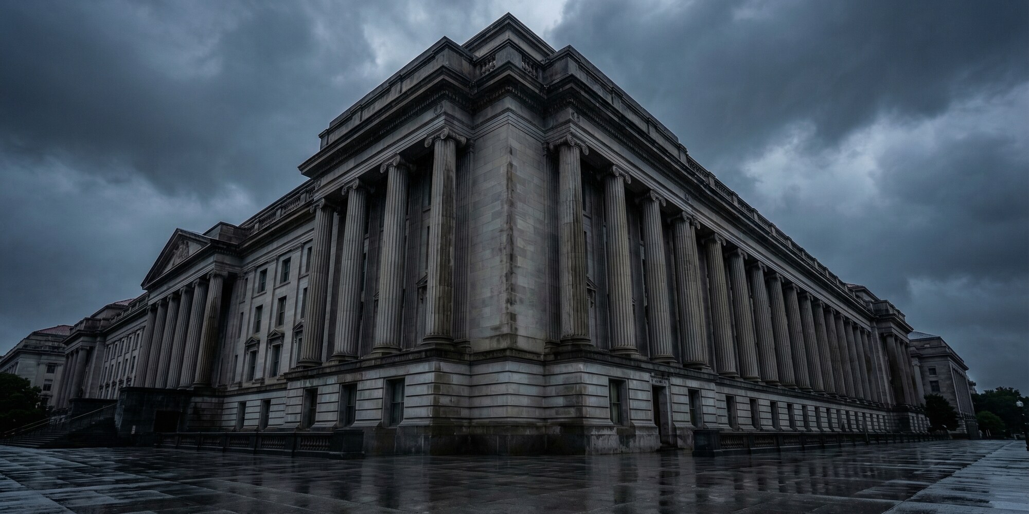 Neoclassical federal government building exterior, grand stone columns, dark overcast sky, Washington DC civic architecture representing federal workforce and labor market accountability