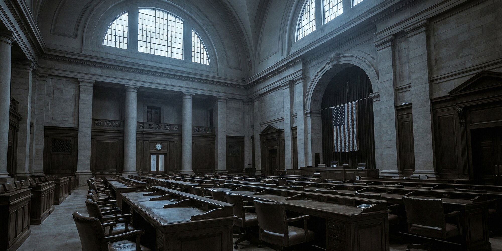 Empty congressional hearing chamber with dramatic upward perspective, dark civic atmosphere representing federal budget oversight