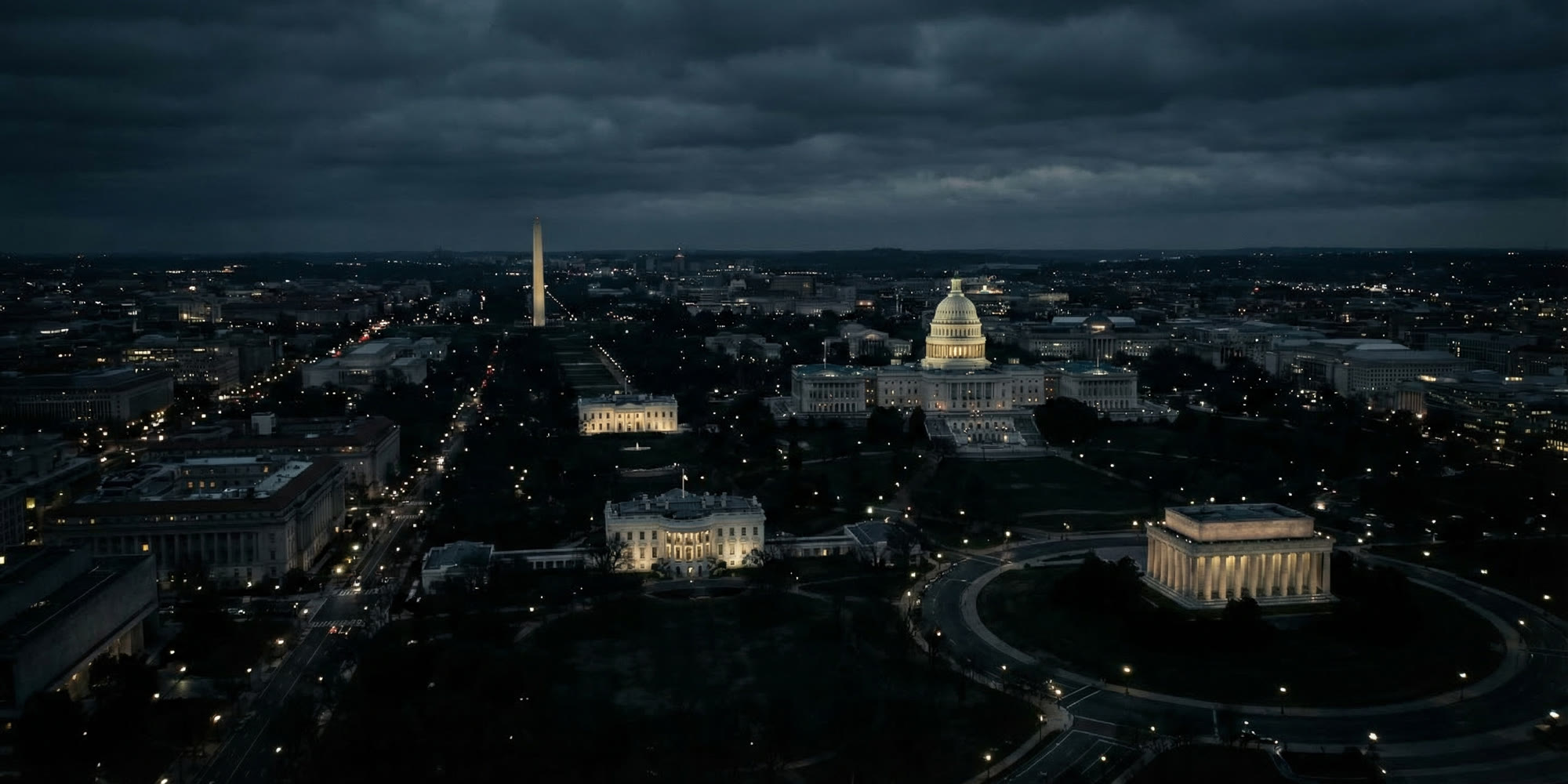 Aerial night view of Washington D.C. government buildings and monuments, dark civic tone representing federal agency spending