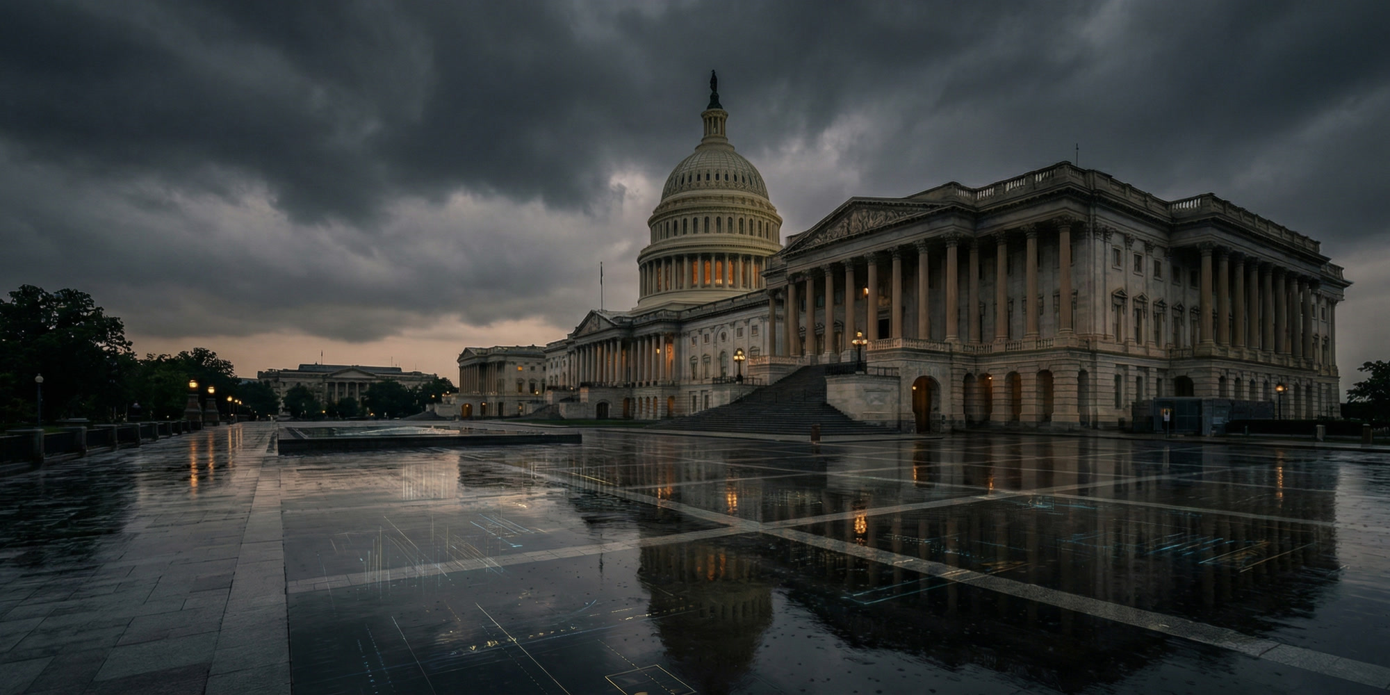 U.S. Capitol and Treasury buildings in moody evening light, representing deficit oversight and federal debt financing pressure