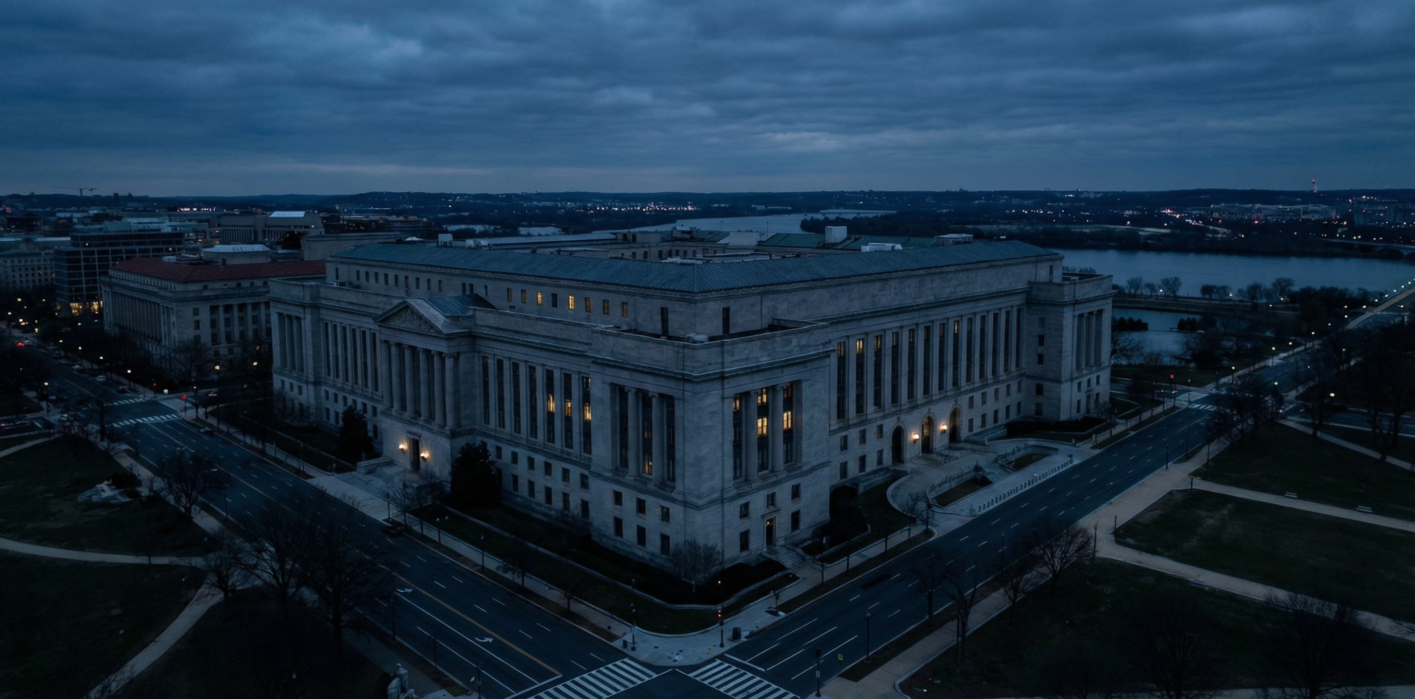 Aerial view of the Federal Reserve building in Washington DC at dusk, representing economic data, monetary policy, and GDP measurement