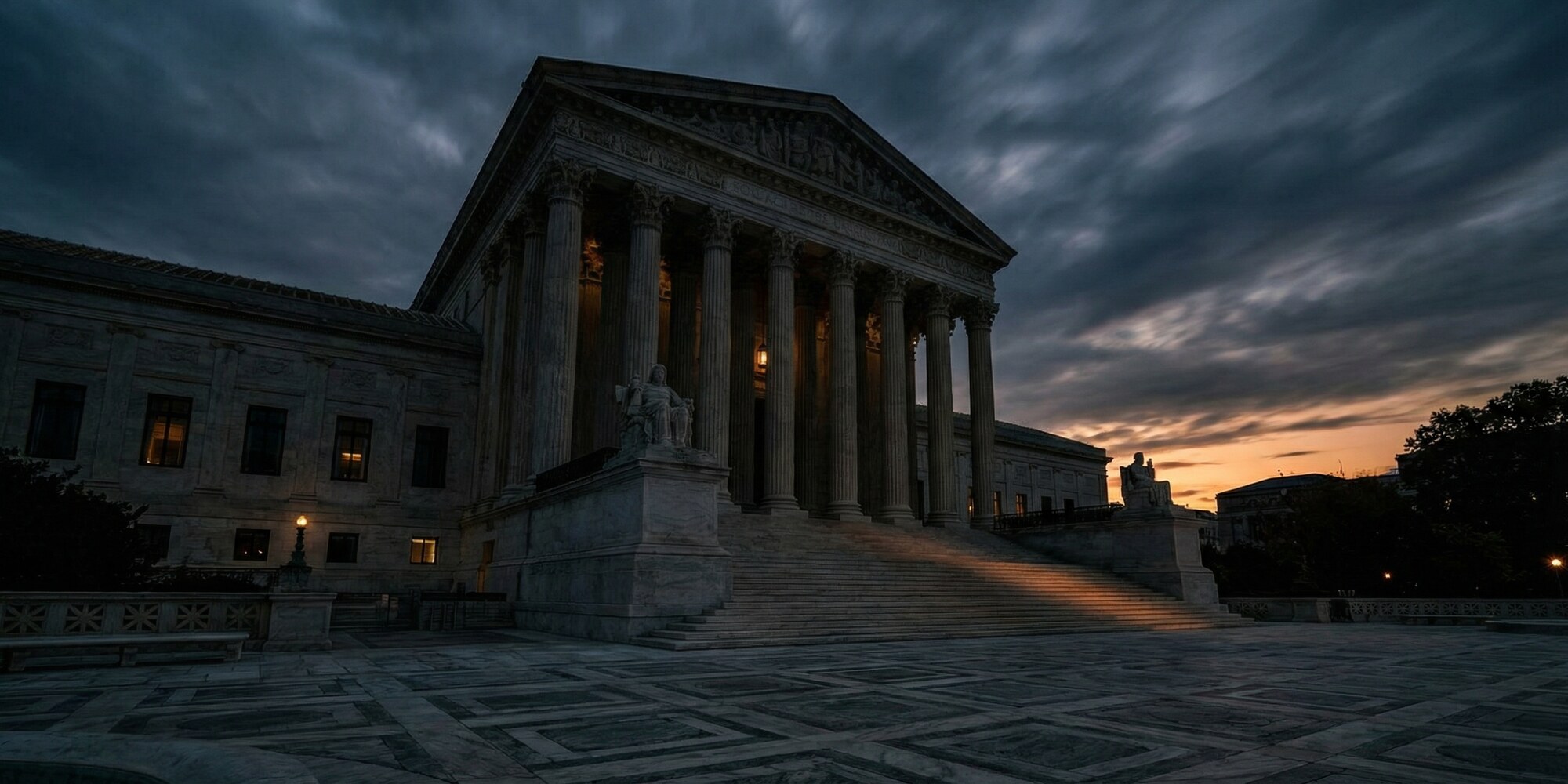 Neoclassical federal courthouse columns at dramatic dusk, representing the Supreme Court's landmark IEEPA tariff ruling that reshaped U.S. trade law