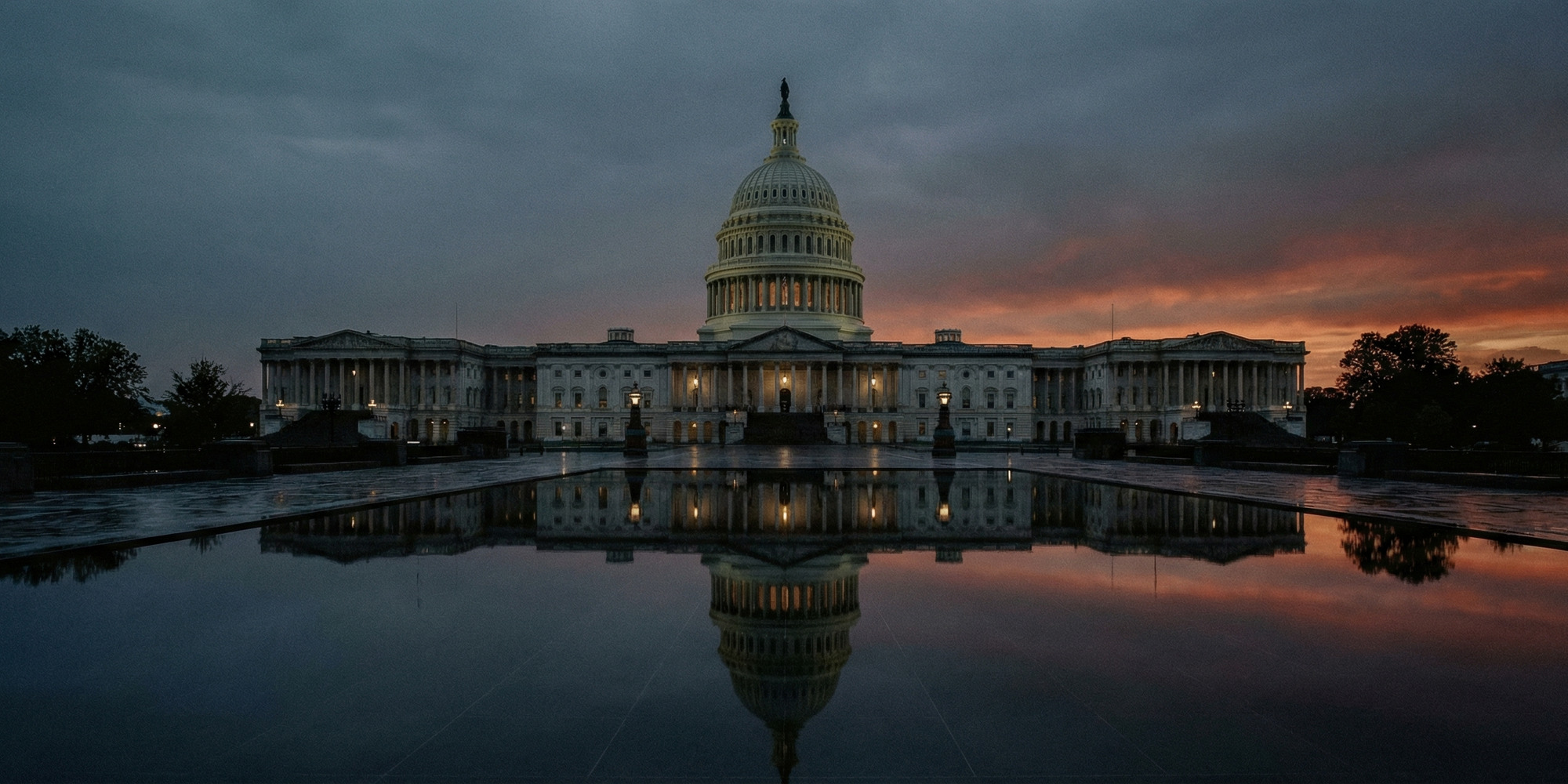 The U.S. Capitol building at dusk reflected in still water, conveying institutional weight and fiscal gravity