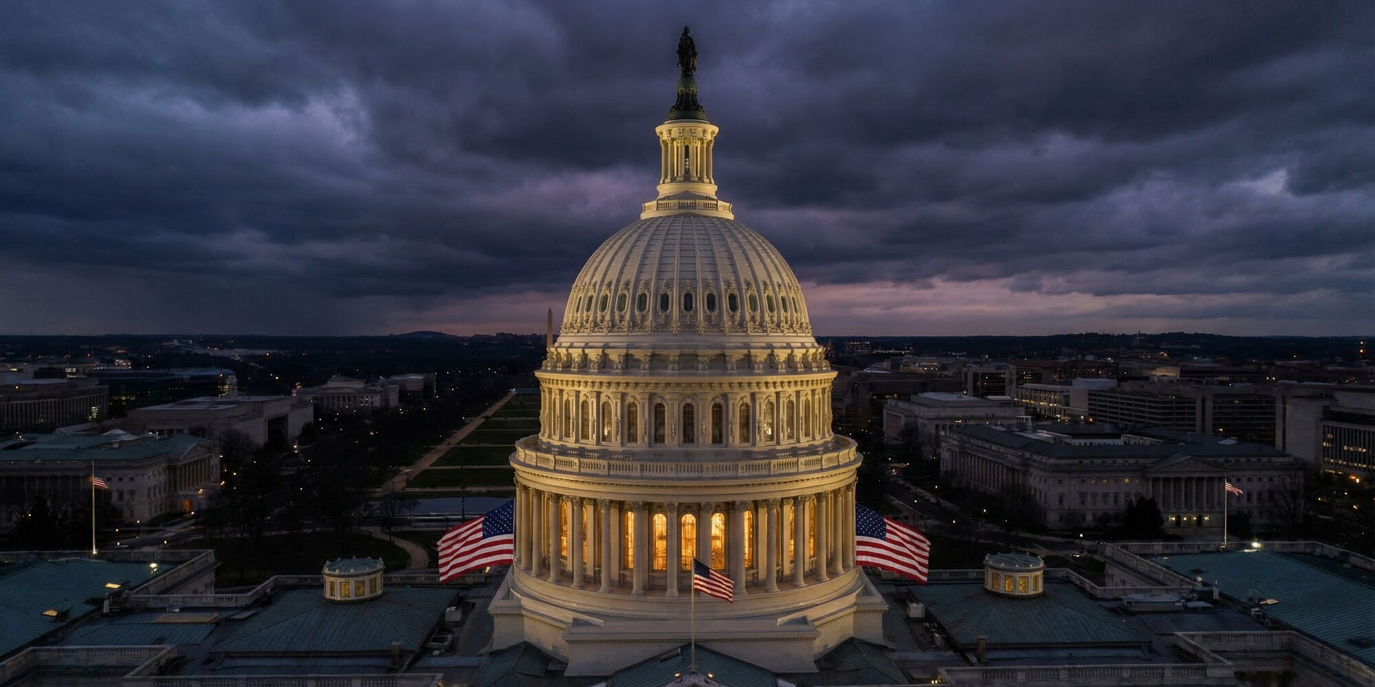 United States Capitol building dome at dusk with dramatic dark skies — representing the narrow congressional vote on H.R. 1