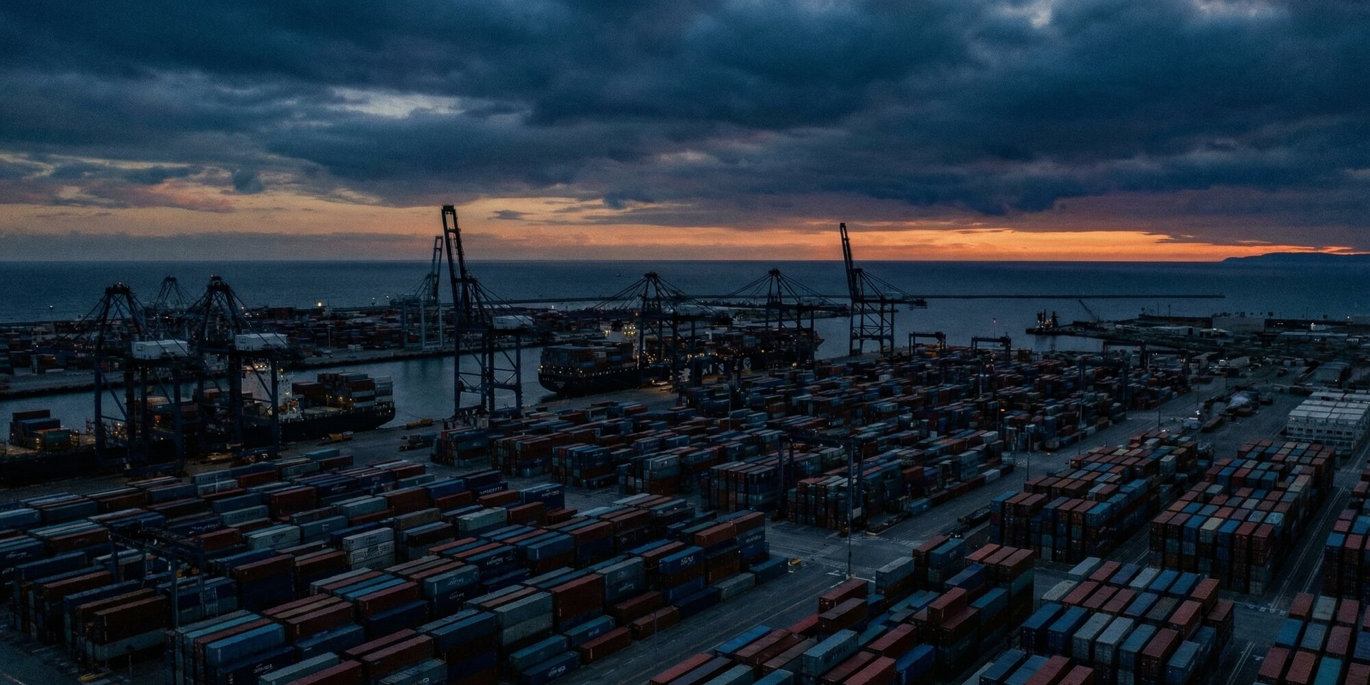 Aerial view of a major U.S. container shipping port at dusk — rows of cargo containers and towering cranes under a dark moody sky, representing the tariff-driven trade whipsaw of 2025