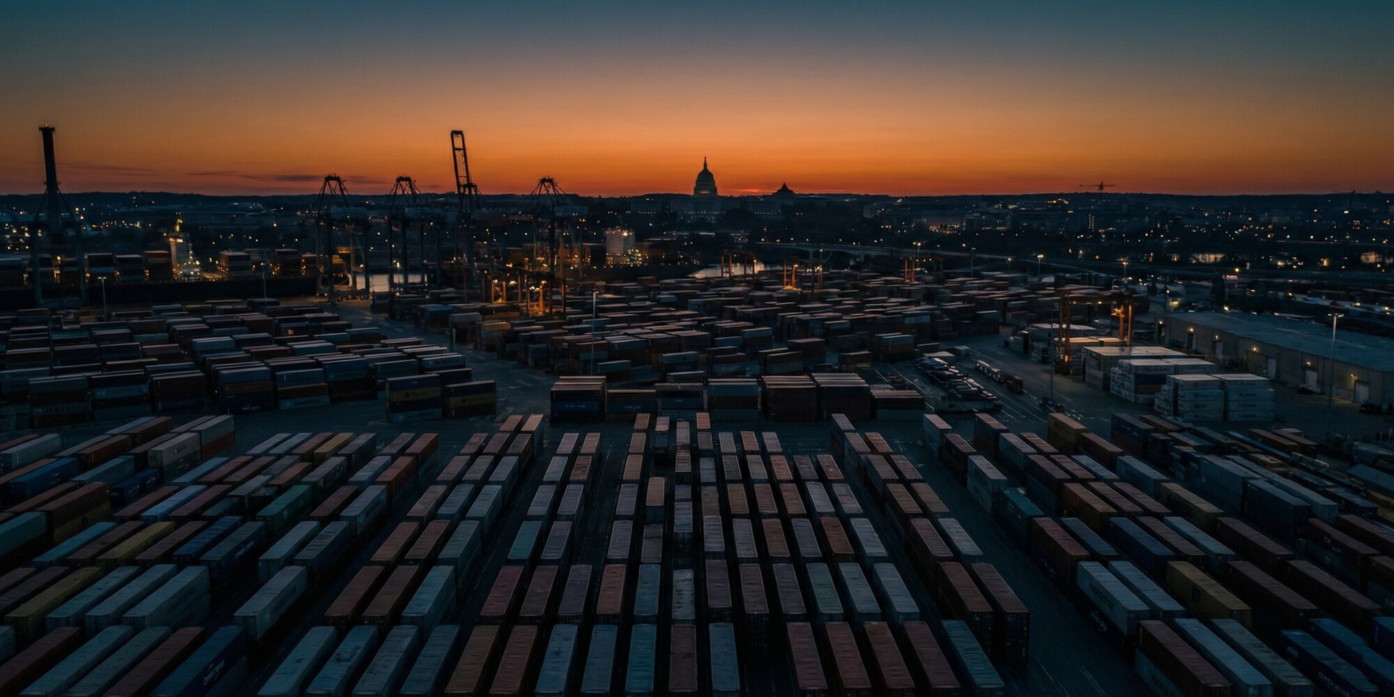 Aerial view of global shipping containers stacked at a major port at dusk, with the U.S. Capitol dome silhouetted on the distant horizon